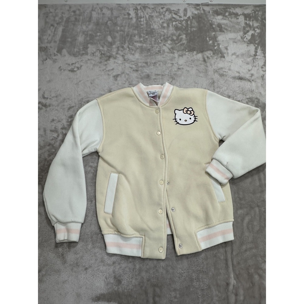 Hello Kitty Varsity Jacket Girls Size 8/10 Beige Cream Fleece Snap Button Bomber